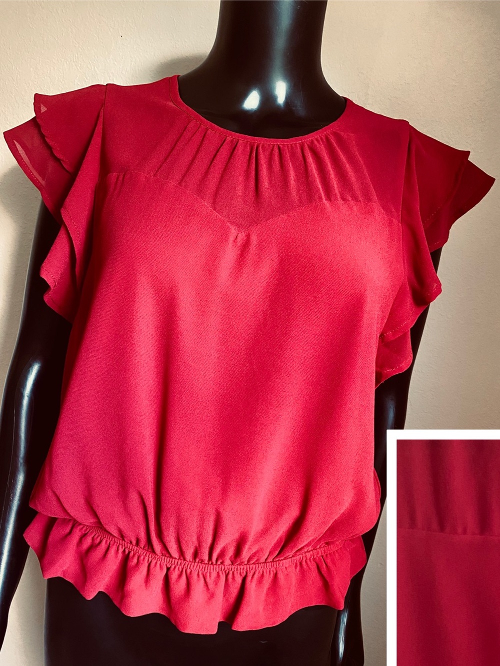 Monteau Red Ruffle Sleeve Chiffon Blouse